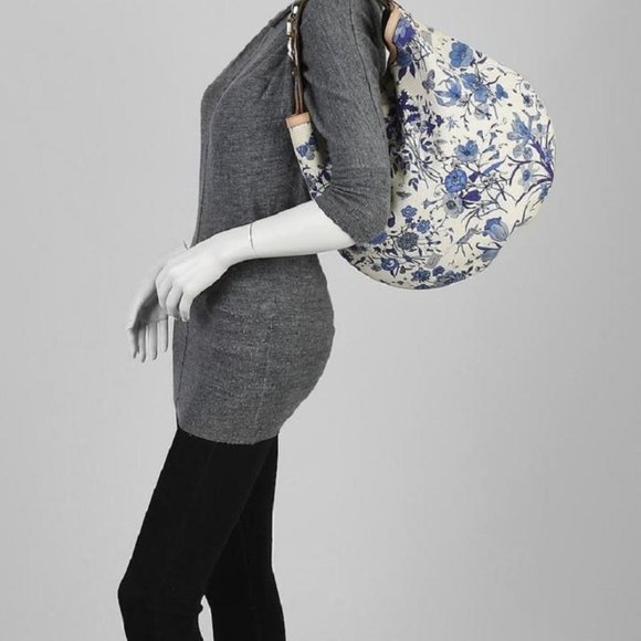 Gucci Horsebit Flora Wave Blue Canvas Hobo Bag - Picture 2 of 9
